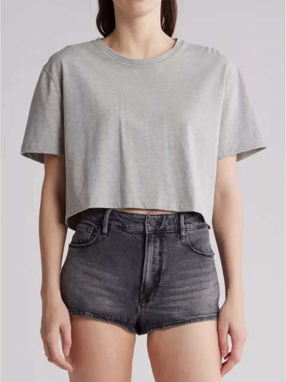 Good America. Cropped Crewneck Tee in Light Gray